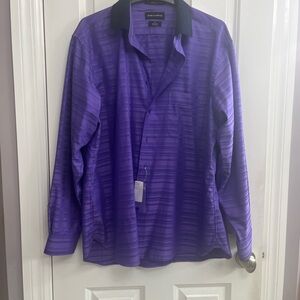 Paul Fredrick Lavender Striped Shirt with Navy Collar